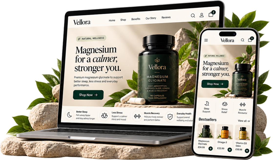 A Shopify store generated by Ascend, shown on a laptop and a phone